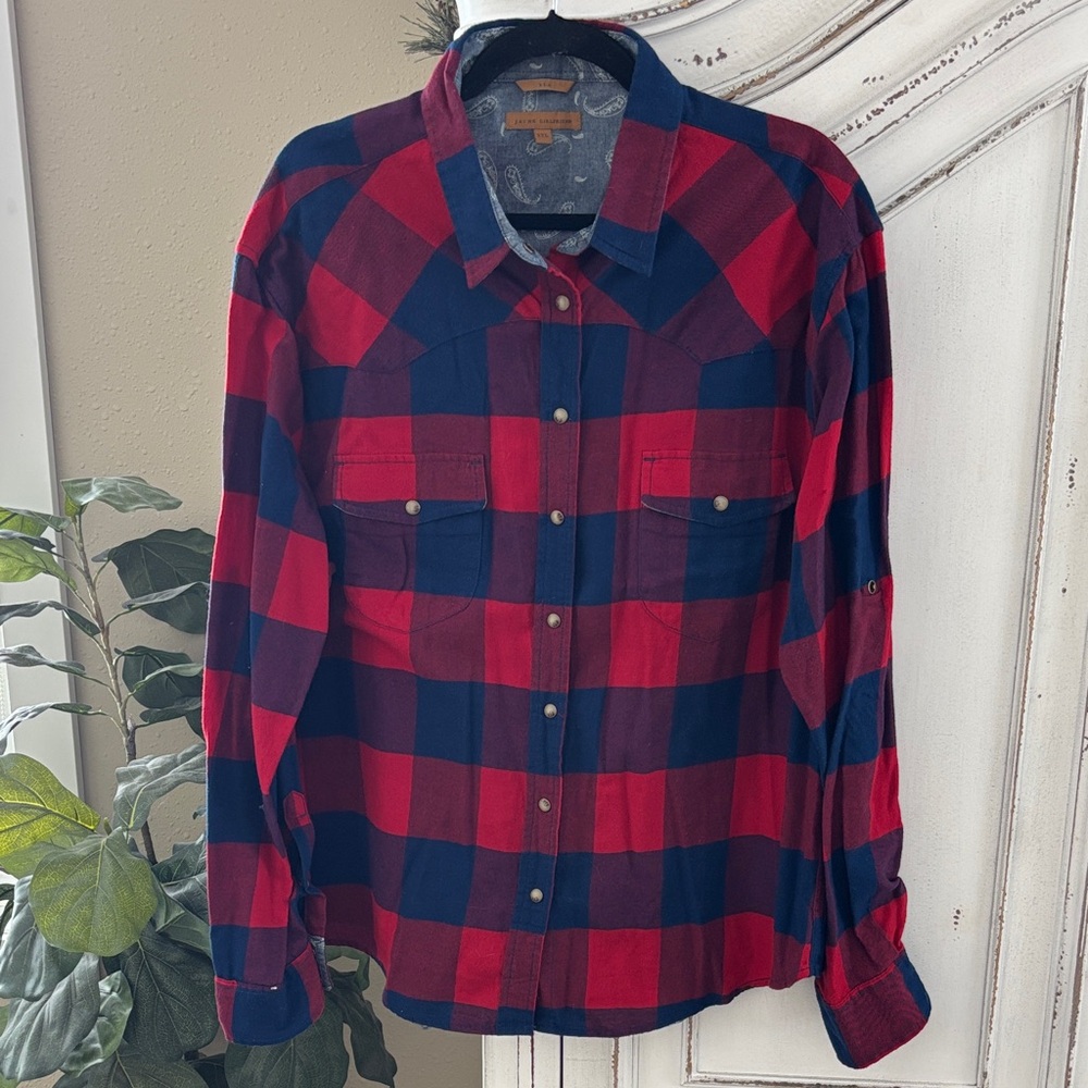 Jachs Girlfriend Bea Womens Flannel Shirt XXL Plaid Cotton Snap Button Red Blue